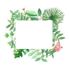 Fototapeta premium Watercolor spring lush square frame of tropical branches with pink flowers branches .Framed pattern of flexible branches with pink flowers isolated on white background, with space for text.
