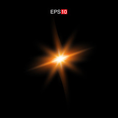 isolated orange Rays with lens flare, Sun flare, flare on the black background. Transparent Vector Illustration