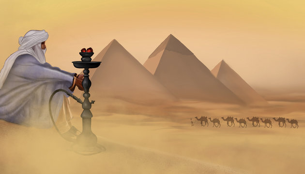 Desert landscape with the Egyptian pyramids and the image of a Bedouin man looking into the distance. Hookah on the sand in the desert. The man smokes a hookah.