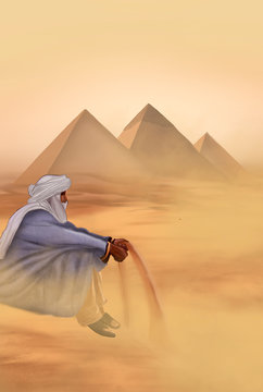 Desert landscape with the Egyptian pyramids and the image of a Bedouin man looking into the distance.