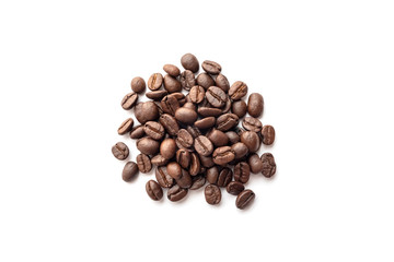 Roasted coffee beans isolated on white background. Close-up.