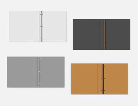 3 ring binder, realistic mock up. Set of white, gray, black, orange colors. Open folder, vector template