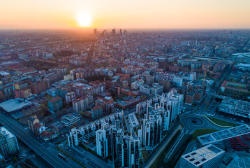Naklejka na ściany i meble Milan panoramic skyline at sunrise, aerial view.