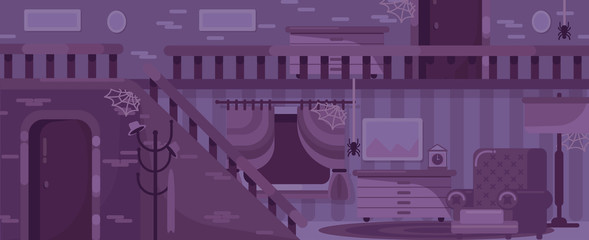 Purple vector scary,old house, illustration interior room with halloween symbols and spiders