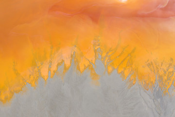 Aerial drone view of water pollution of a copper mine exploitation