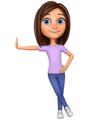 Cartoon character girl leaned against a blank board. 3d rendering. Illustration for advertising.