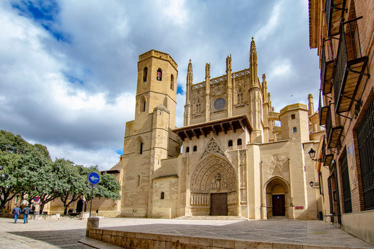 Huesca Cathedral in cloudy day. Aragon, Spain