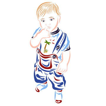 The kid holds his finger in his mouth, the boy ponders or hesitates