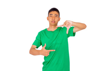 Young Asian boy in green casual t-shirt white background