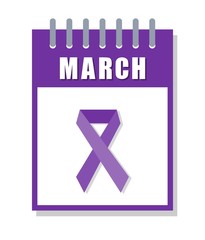 Purple ribbon with march calendar for epilepsy awareness day. March 26