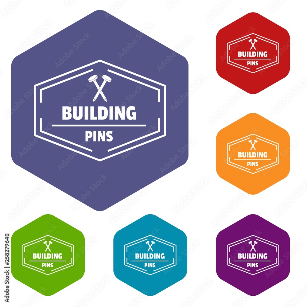 Poster building pin icons vector colorful hexahedron set collection isolated on white