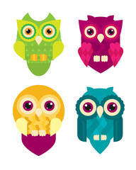 Set of four owls isolated on white background. Flat icons. Vector illustration.