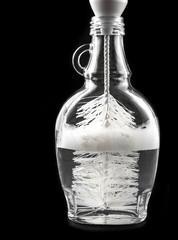 Cleaning a clear transparent glass bottle with special round bottle cleaning tool, isolated on...