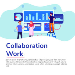 Collaboration Work Landing Page Illustration, Social Media Ads. People during Discuss, Brainstorming Flat Illustration