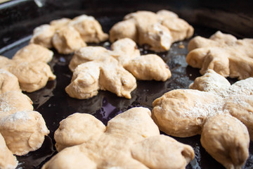 Homemade tasty buns with nut sprinkle.Pastry with homemade pastries. Baking homemade cookies and muffins with nuts. 