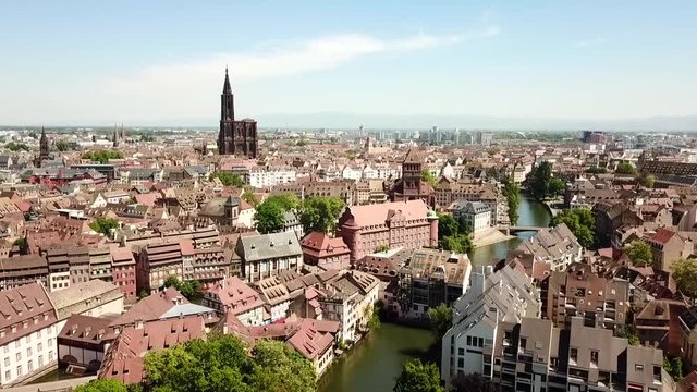 Aerial view of Petit France, with the Notre Dame in the background, Strassbourg, France, Europe.
