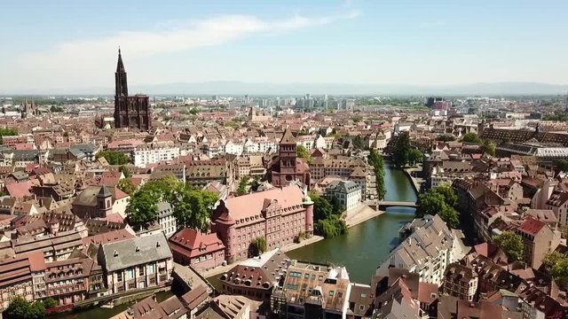Aerial view of Petit France, with the Notre Dame in the background, Strassbourg, France, Europe.