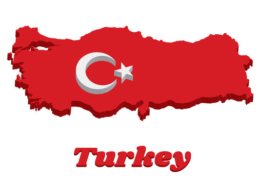 3D Map outline and flag of Turkey, a red field with a white star and crescent slightly left of center.
