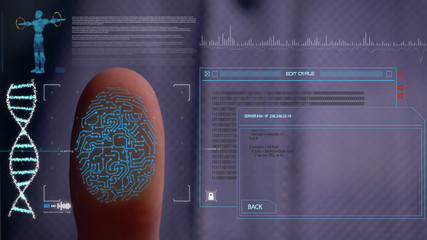Person accessing a hologram with a fingerprint. Man, access to a modern hologram of a personal...