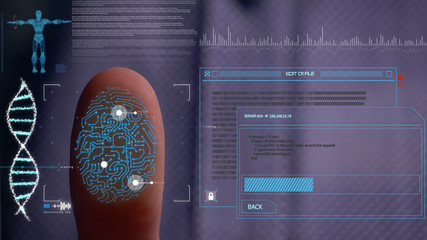Person accessing a hologram with a fingerprint. Man, access to a modern hologram of a personal database with the discovery of fingerprint identification. Concept: Science, Car, Hologram, Viruses, DNA.