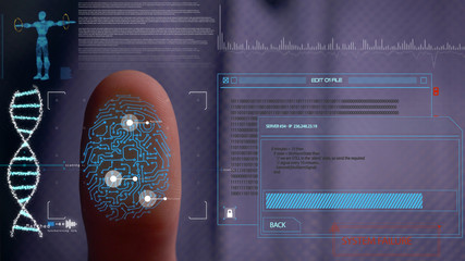 Person accessing a hologram with a fingerprint. Man, access to a modern hologram of a personal database with the discovery of fingerprint identification. Concept: Science, Car, Hologram, Viruses, DNA.