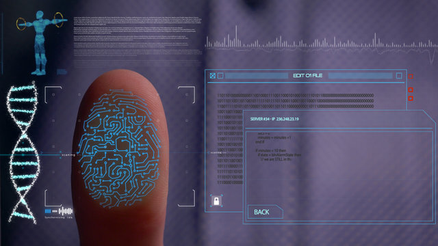 Person accessing a hologram with a fingerprint. Man, access to a modern hologram of a personal database with the discovery of fingerprint identification. Concept: Science, Car, Hologram, Viruses, DNA.