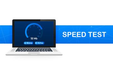 Speed test on laptop. Speedometer Internet Speed 100 mb. Website speed loading time. Vector illustration.