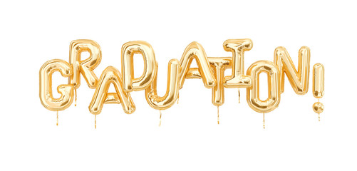 Fototapeta premium Graduation text banner isolated on white.Congratulation graduates party golden balloons. 3d rendering
