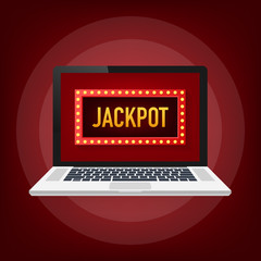 Shining retro sign Jackpot banner on laptop. Vintage style banner. Vector illustration.