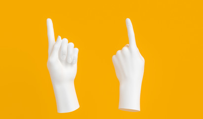 One finger Pointing up white hand gesture on yellow background. Female showing hand sculpture. 3d rendering.