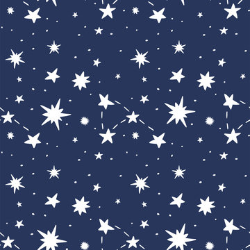 Stars and constellation seamless vector hand drawing pattern on blue background