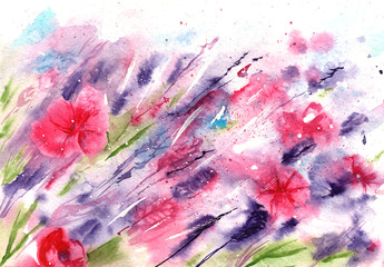watercolor background - field of bright colors, purple, pink