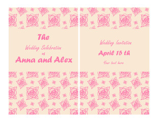 wedding invitation template. Hand-drawn vector illustration of retro style with pink floral pattern