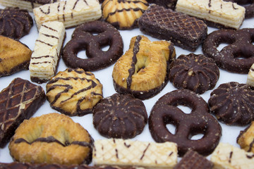 Cookies with chocolate on a white background.
