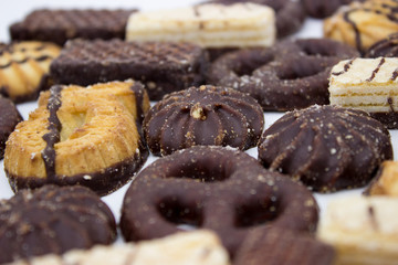 Cookies with chocolate on a white background.