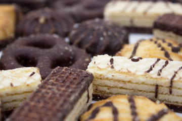 Cookies with chocolate on a white background.