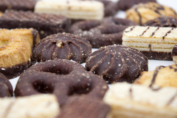 Cookies with chocolate on a white background.