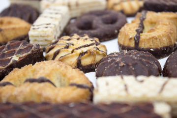 Cookies with chocolate on a white background.