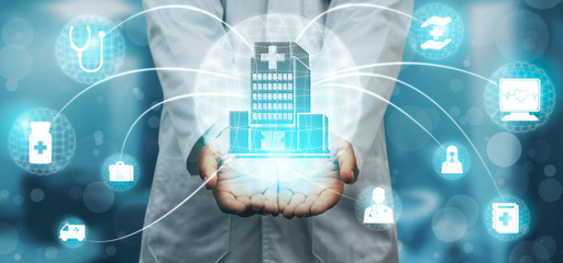 Medical Healthcare Concept - Doctor in hospital with digital medical icons graphic banner showing...
