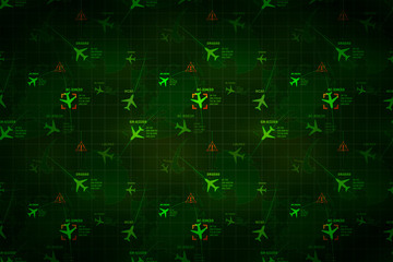 Green military radar with planes and target signs, wide detailed background