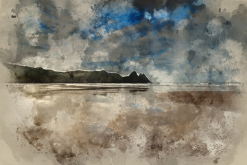 Watercolor painting of Beautiful blue sky morning landscape over sandy Three Cliffs Bay © veneratio