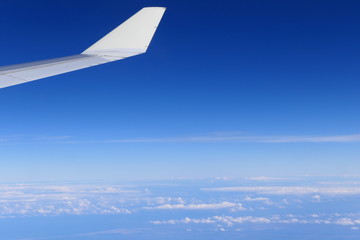 A Airplane in the air, with a clear sky in the background