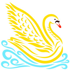 Beautiful yellow swan floating on the waves