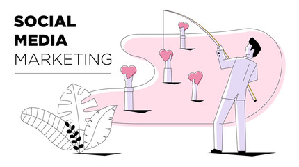 Social media marketing businessman fishing like sign heart modern style. Business internet technology card template design. Vector illustration image symbolizes SMM network advertising