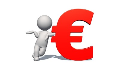 EURO currency sign - white 3D man with red EURO sign - isolated on white background