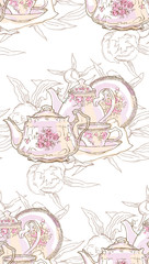 Naklejka premium Dishes, teapot, saucer, cup. Vector illustration. Seamless pattern.