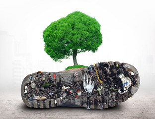 Sole of the Shoe with dirt and garbage, the theme of ecology