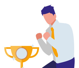 elegant businessman celebrating with trophy cup