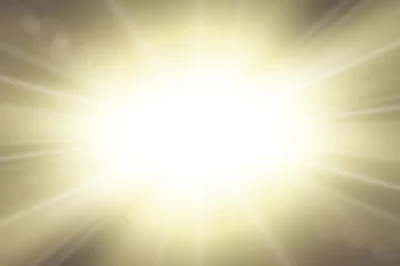 Fotobehang Sun rays. Starburst bright effect, isolated on dark background. Gold light star flash. Abstract shine beams. Vibrant magic sparkle explosion. Glowing burst, lens effect. Vector illustration © alona_s
