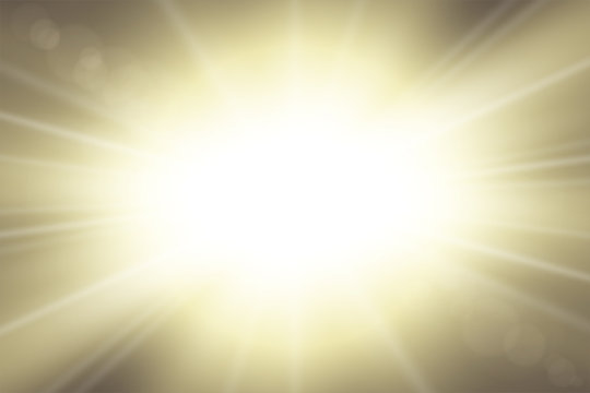 Sun rays. Starburst bright effect, isolated on dark background. Gold light star flash. Abstract shine beams. Vibrant magic sparkle explosion. Glowing burst, lens effect. Vector illustration